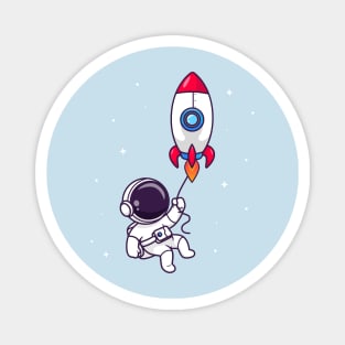 Cute Astronaut Flying With Rocket In Space Cartoon Magnet